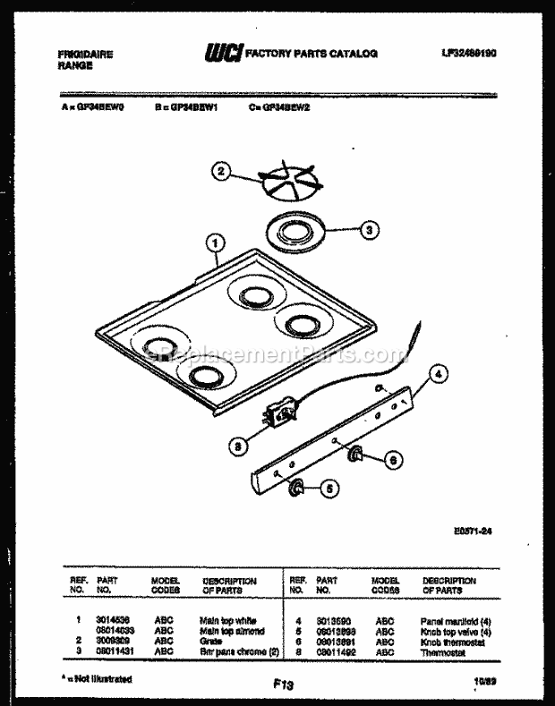 Frigidaire GP34BEL0 Freestanding, Gas Range Gas Cooktop Parts Diagram