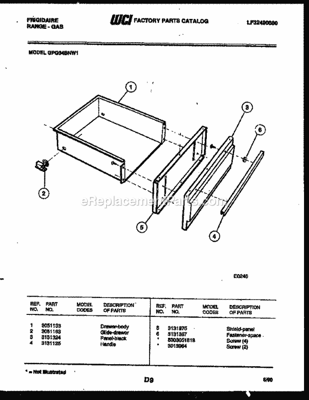 Frigidaire GPG34BNL1 Freestanding, Gas Range Gas Drawer Parts Diagram
