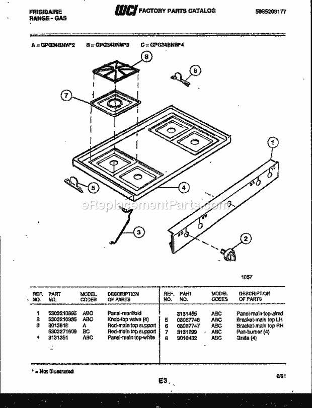 Frigidaire GPG34BNL2 Freestanding, Gas Range Gas Cooktop Parts Diagram