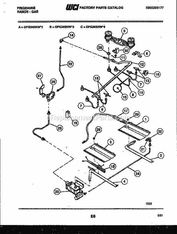 Frigidaire GPG34BNW3 Freestanding, Gas Range Gas Burner, Manifold and Gas Control Diagram