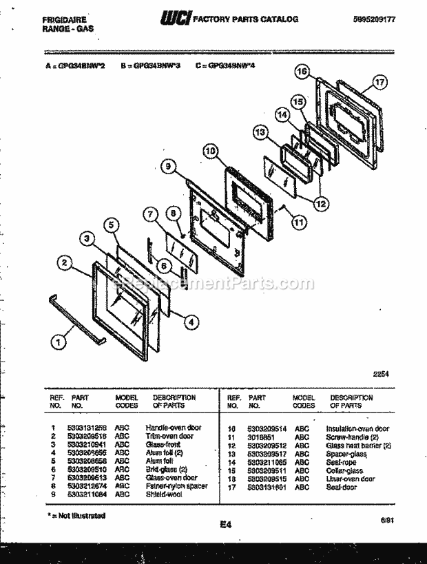 Frigidaire GPG34BNW3 Freestanding, Gas Range Gas Door Parts Diagram
