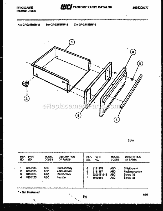 Frigidaire GPG34BNW3 Freestanding, Gas Range Gas Drawer Parts Diagram
