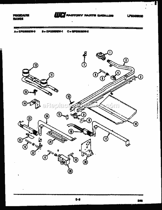 Frigidaire GPG38BEW0 Freestanding, Gas Range Gas Burner, Manifold and Gas Control Diagram