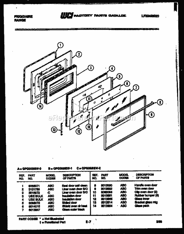 Frigidaire GPG38BEW0 Freestanding, Gas Range Gas Door Parts Diagram