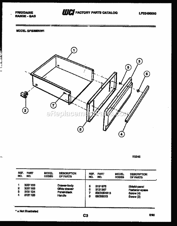 Frigidaire GPG38BNL1 Freestanding, Gas Range Gas Drawer Parts Diagram