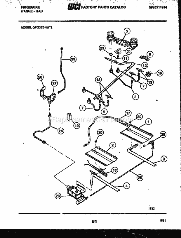 Frigidaire GPG38BNW2 Freestanding, Gas Range Gas Burner, Manifold and Gas Control Diagram