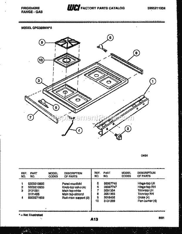 Frigidaire GPG38BNW2 Freestanding, Gas Range Gas Cooktop Parts Diagram