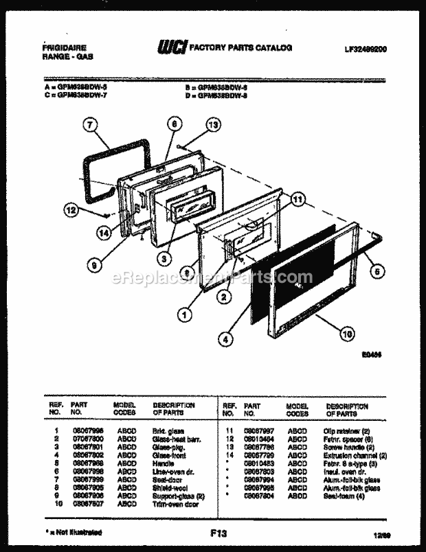 Frigidaire GPM638BDW6 Range Microwave Combo, Electric Range Gas Lower Oven Door Parts Diagram