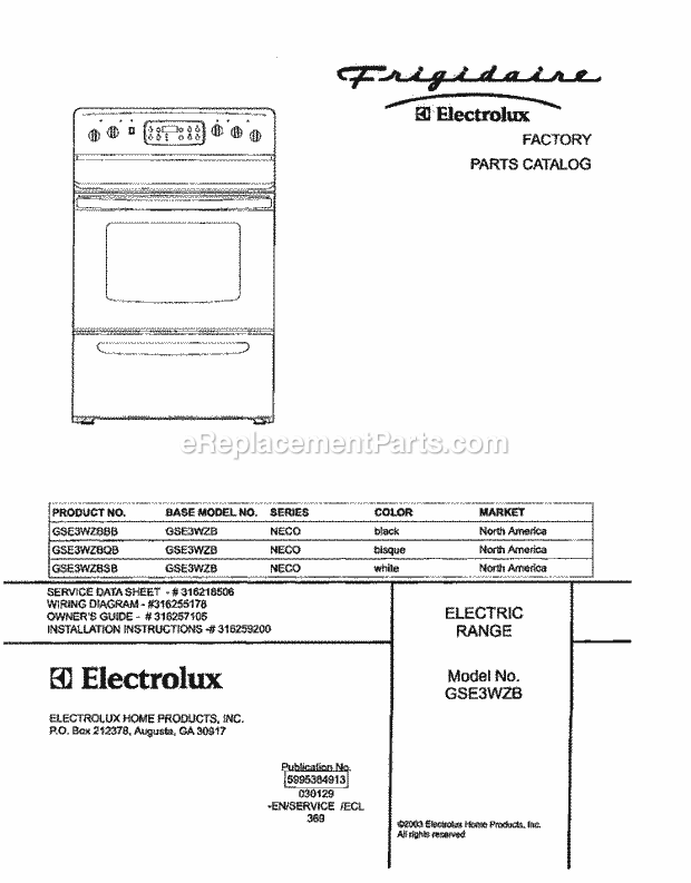Frigidaire GSE3WZBSB Freestanding, Electric Electric Range Page C Diagram
