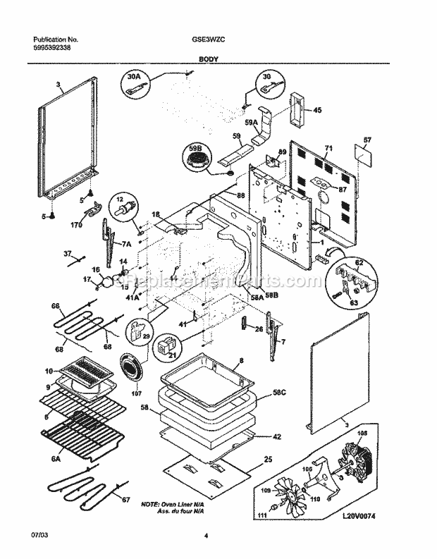 Frigidaire GSE3WZCBA Freestanding, Electric Electric Range Body Diagram