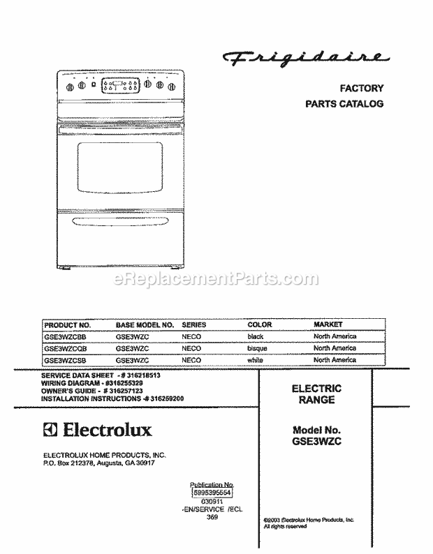 Frigidaire GSE3WZCSB Freestanding, Electric Electric Range Page C Diagram