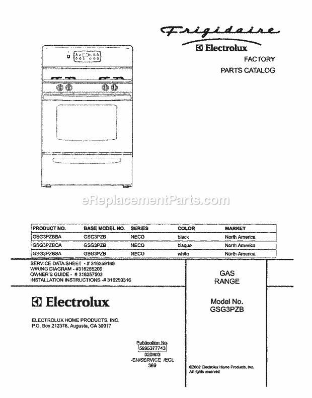 Frigidaire GSG3PZBBA Freestanding, Gas Gas Range Page D Diagram