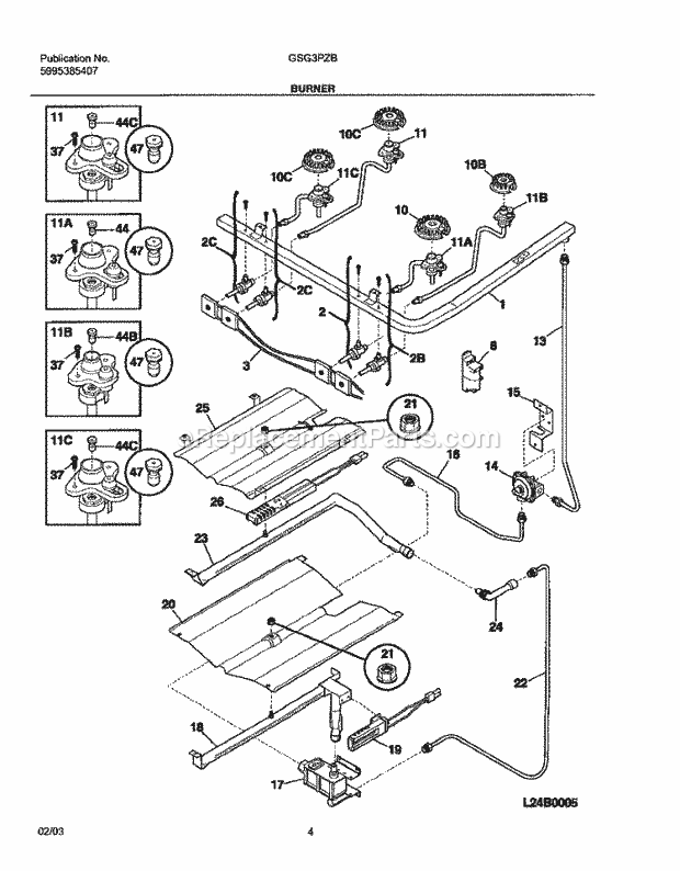 Frigidaire GSG3PZBQC Freestanding, Gas Gas Range Burner Diagram