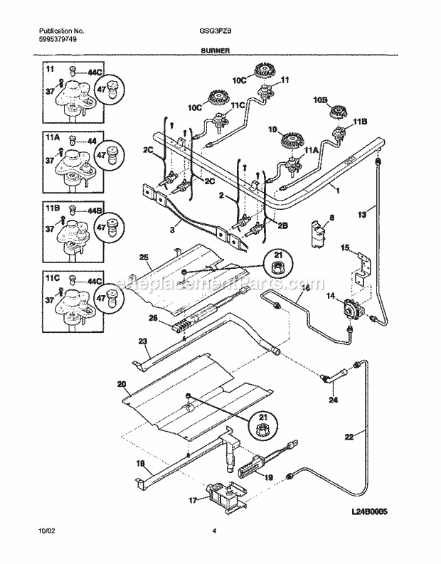 Frigidaire GSG3PZBSB Freestanding, Gas Gas Range Burner Diagram