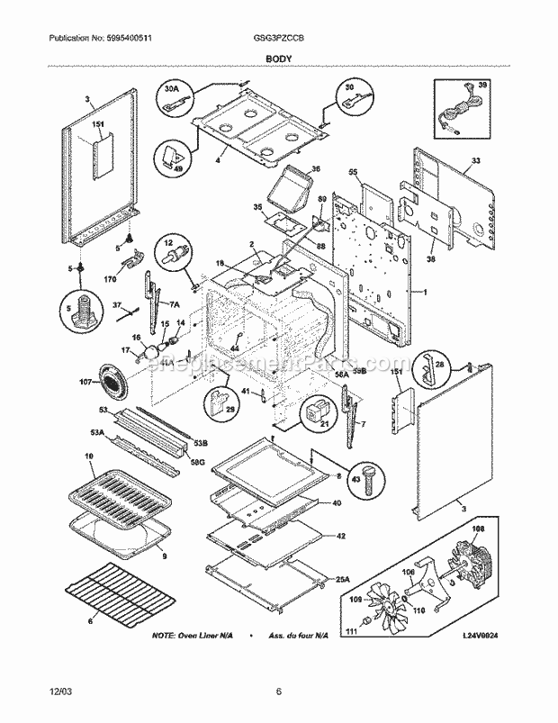 Frigidaire GSG3PZCCB Freestanding, Gas Gas Range Body Diagram