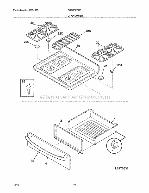 Frigidaire GSG3PZCCB Freestanding, Gas Gas Range Top / Drawer Diagram