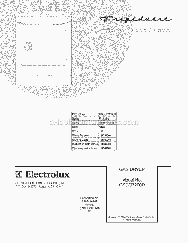 Frigidaire GSGQ7200DS0 Residential Gas Dryer Page D Diagram