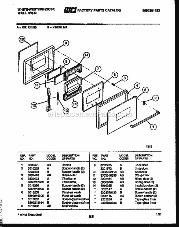Frigidaire KB122LM0 Wwh(V1) / Wall Oven Door Parts Diagram