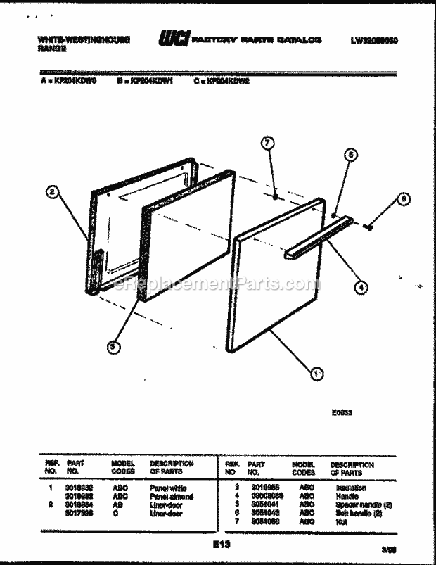 Frigidaire KF204KDW2 Wwh(V5) / Electric Range Door Parts Diagram