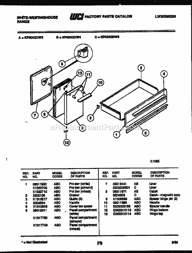 Frigidaire KF404GDW5 Wwh(V7) / Electric Range Drawer and Panel Compartment Parts Diagram