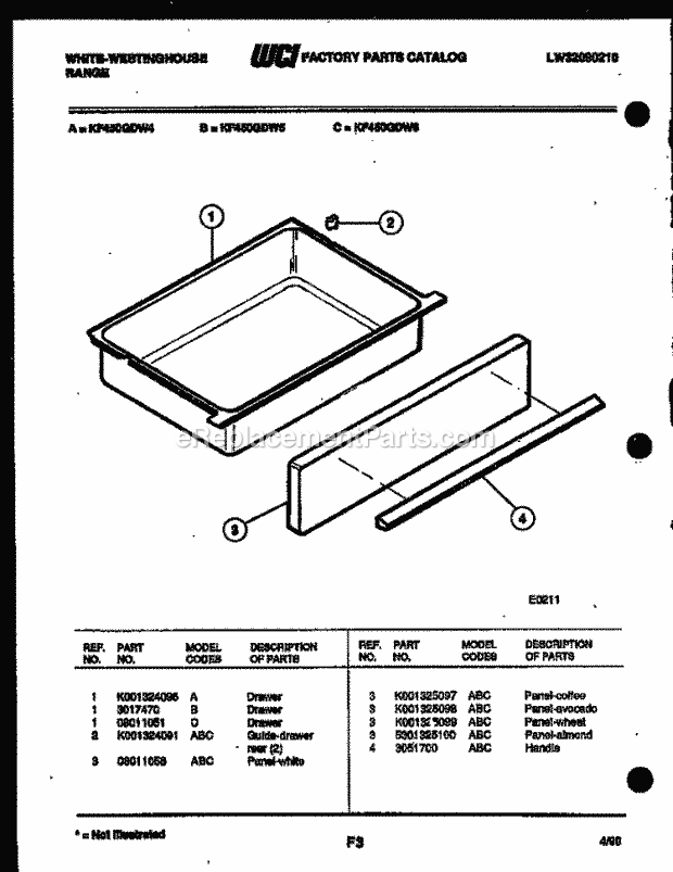 Frigidaire KF450GDW4 Wwh(V1) / Electric Range Drawer Parts Diagram