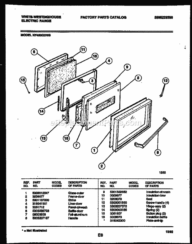 Frigidaire KF450GDW9 Wwh(V1) / Electric Range Door Parts Diagram
