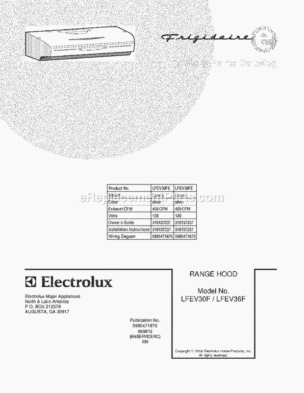 Frigidaire LFEV36FE Range Hood Page B Diagram