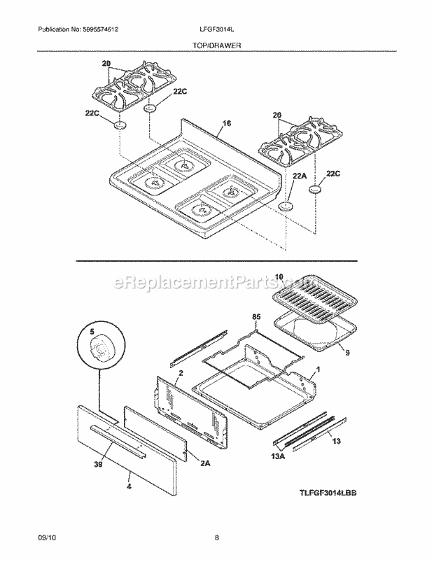 Frigidaire LFGF3014LBB Range Top/Drawer Diagram