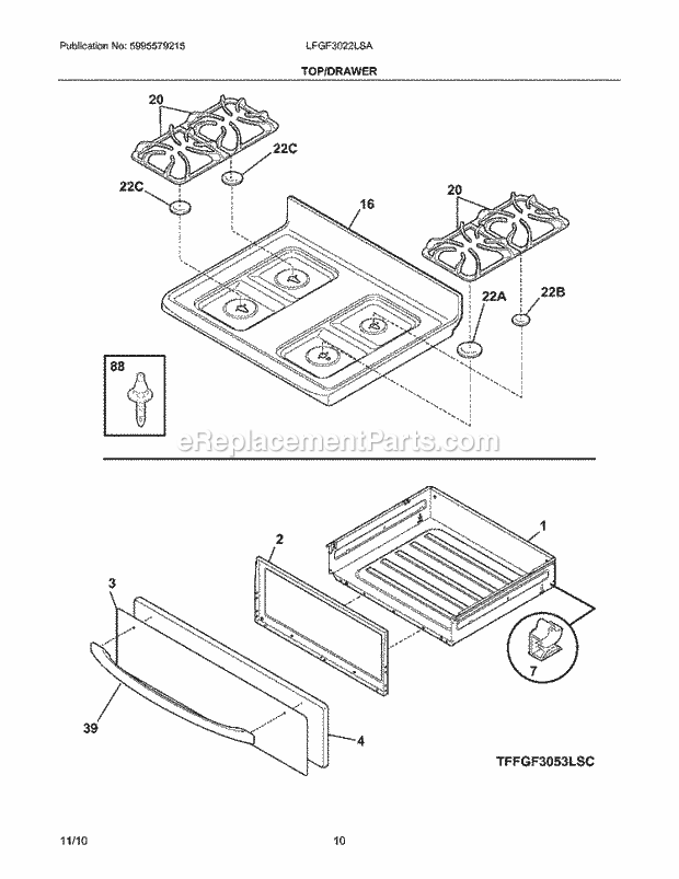 Frigidaire LFGF3022LSA Range Top/Drawer Diagram