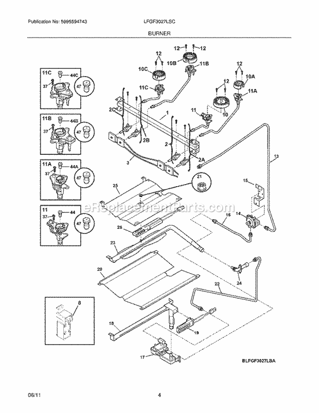 Frigidaire LFGF3027LSC Range Burner Diagram