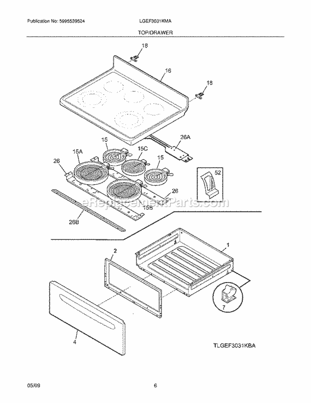 Frigidaire LGEF3031KMA Range Top/Drawer Diagram