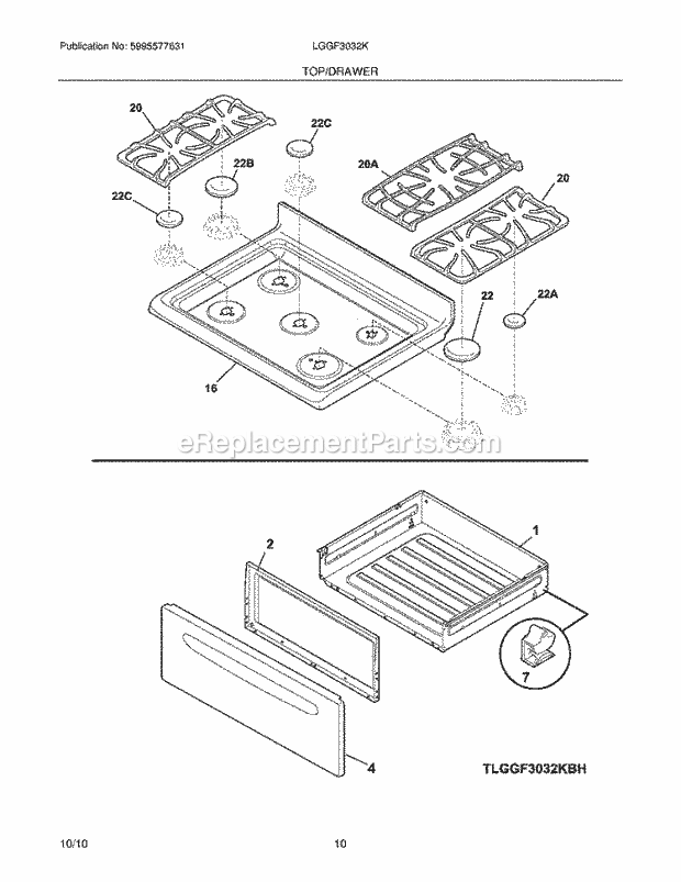 Frigidaire LGGF3032KQJ Range Top/Drawer Diagram