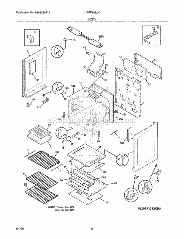 Frigidaire LGGF3032KWA Range Body Diagram