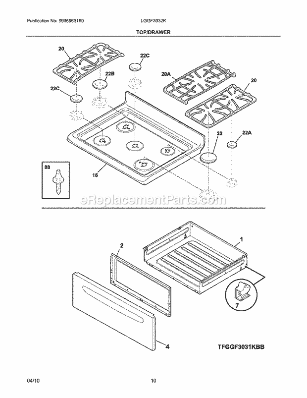 Frigidaire LGGF3032KWF Range Top/Drawer Diagram