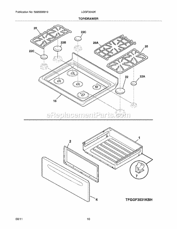 Frigidaire LGGF3042KBA Range Top/Drawer Diagram