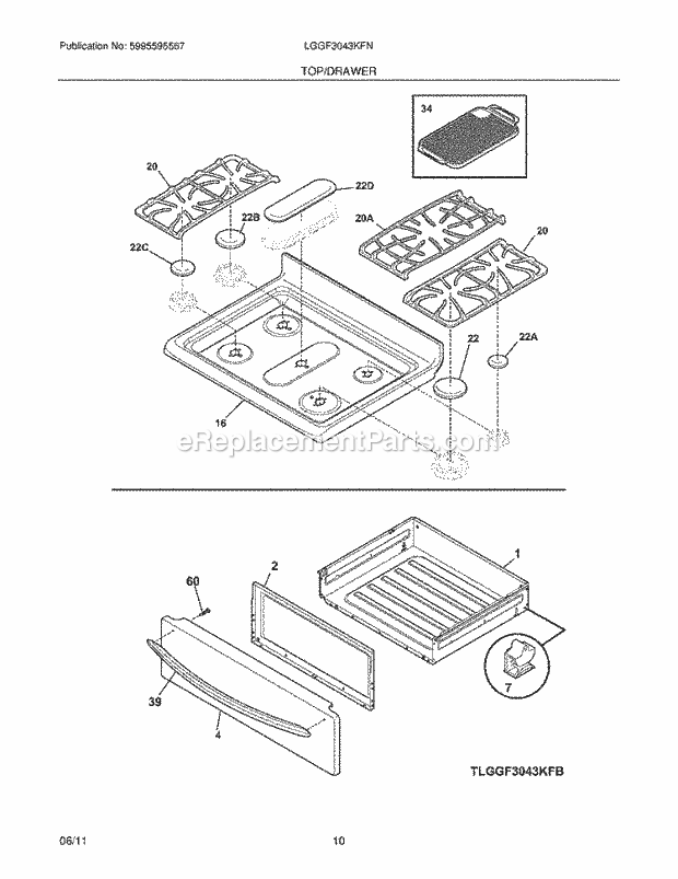 Frigidaire LGGF3043KFN Range Top/Drawer Diagram