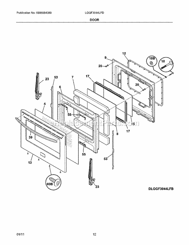 Frigidaire LGGF3044LFD Range Door Diagram