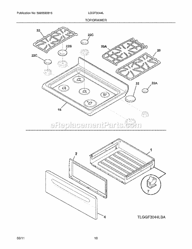 Frigidaire LGGF3044LQA Range Top/Drawer Diagram