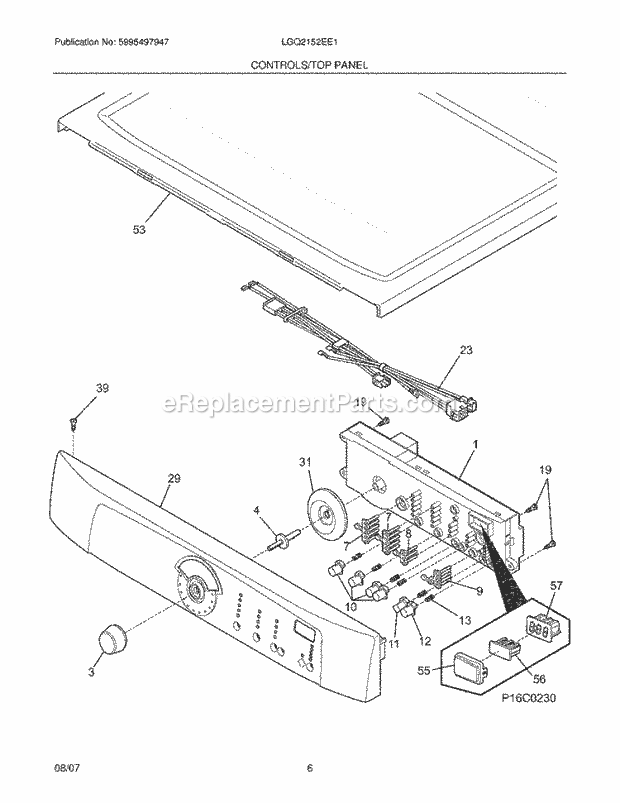 Frigidaire LGQ2152EE1 Residential Dryer Controls / Top Panel Diagram