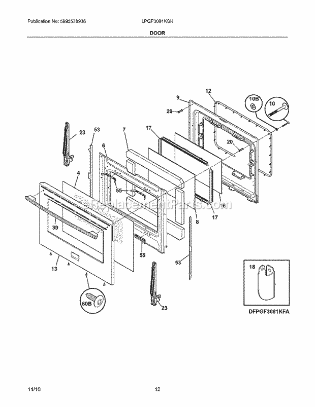 Frigidaire LPGF3091KSH Range Door Diagram