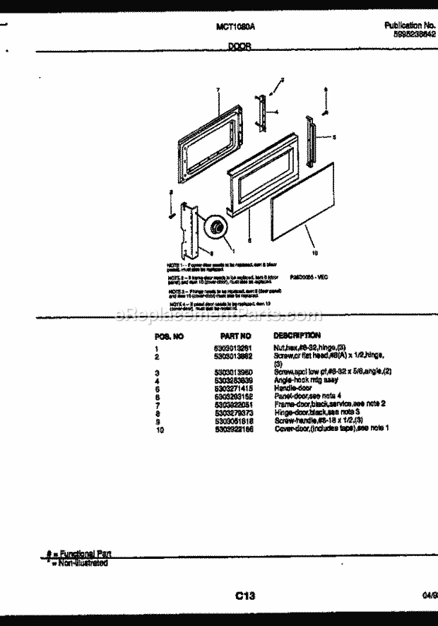 Frigidaire MCT1080A2 Table Top 1.0 Microwave Oven Door Parts Diagram