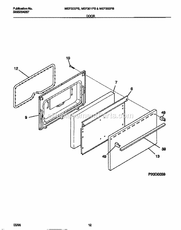 Frigidaire MEF301PBDD Kel(V15) / Electric Range Door Diagram