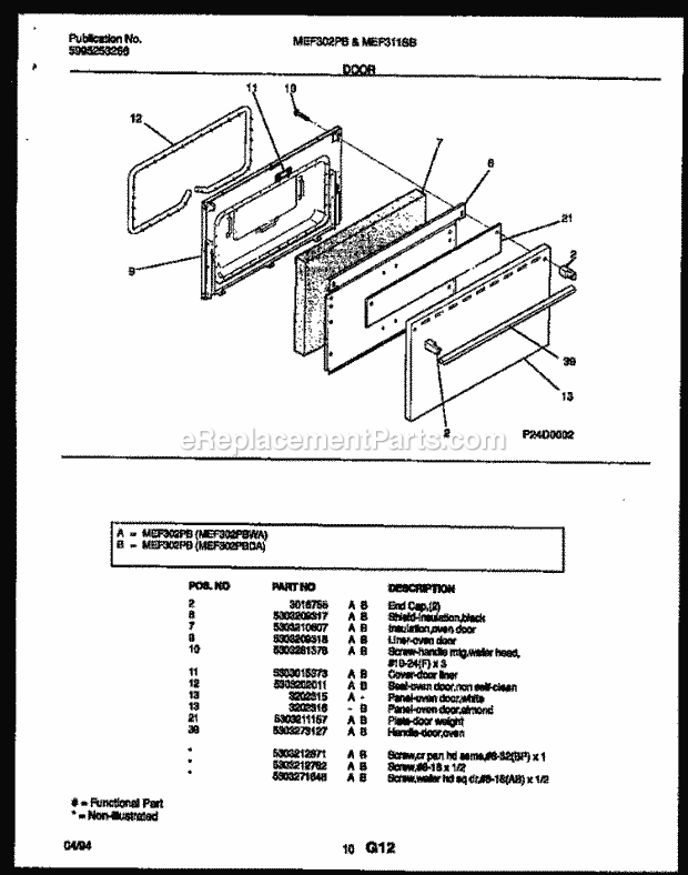 Frigidaire MEF302PBDA Frg(V2) / Electric Range Door Parts Diagram