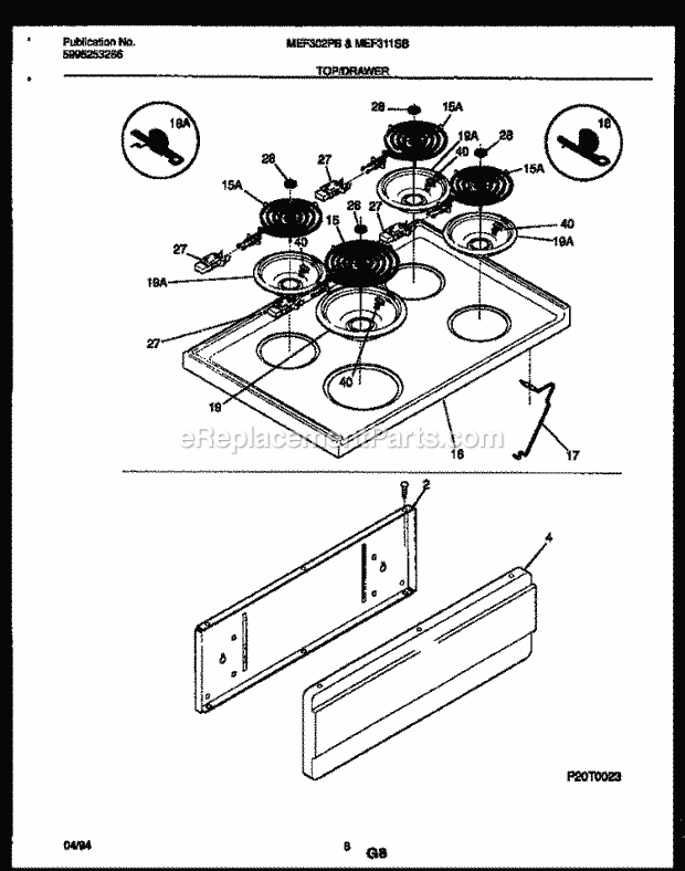 Frigidaire MEF302PBWA Frg(V1) / Electric Range Cooktop and Drawer Parts Diagram