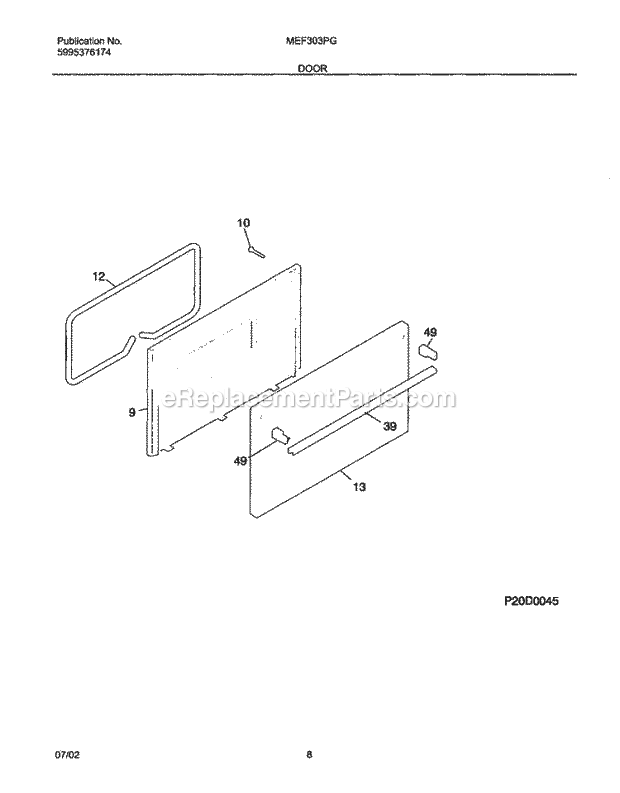 Frigidaire MEF303PGWD Universal/Electric Range Door Diagram