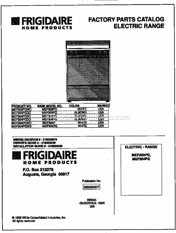 Frigidaire MEF304PGWC Freestanding, Electric Frigidaire/Elec Range Page C Diagram