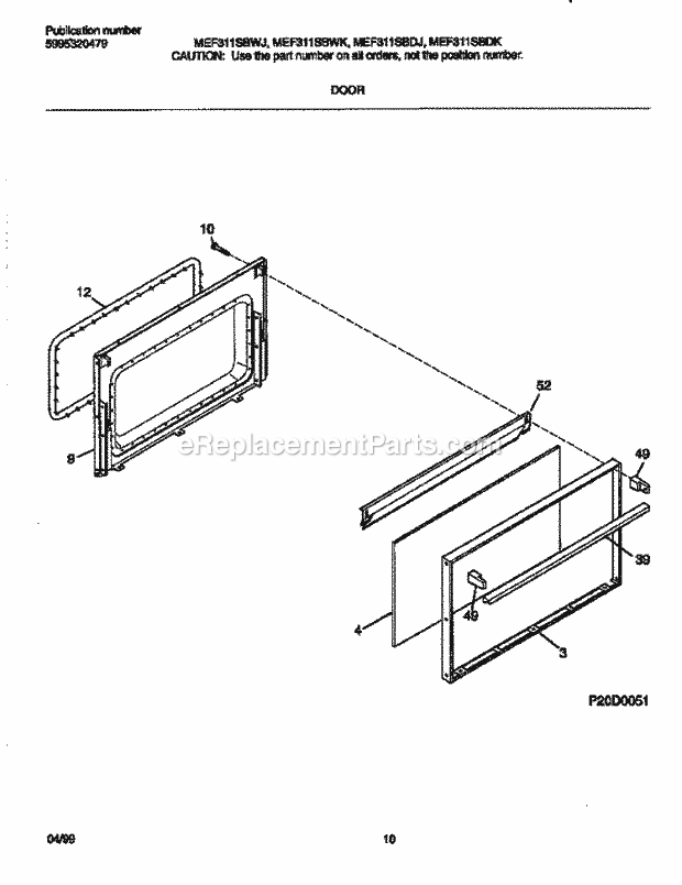 Frigidaire MEF311SBDK Frg(V2) / Electric Range Door Diagram