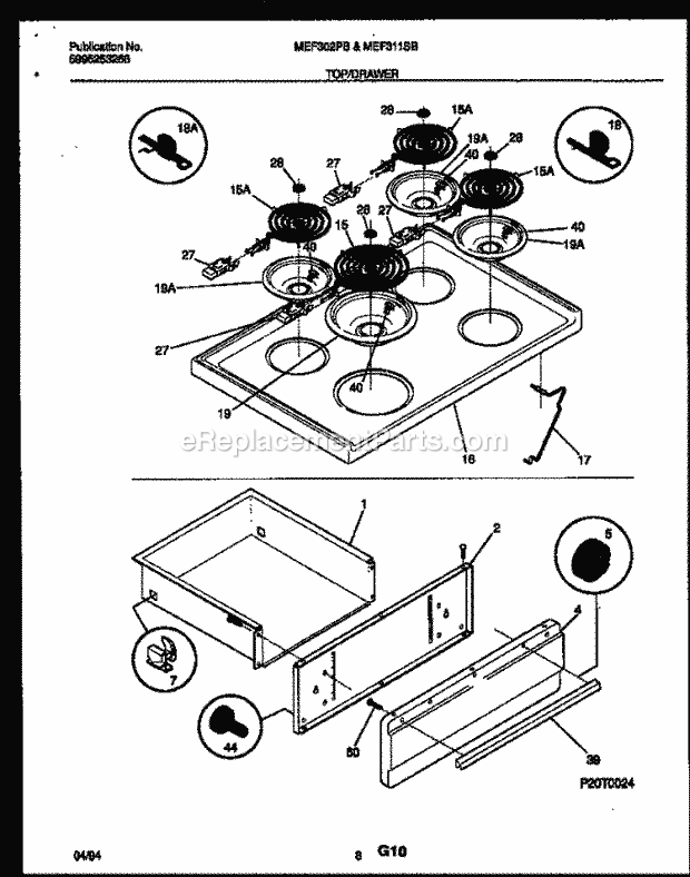 Frigidaire MEF311SBWA Frg(V3) / Electric Range Cooktop and Drawer Parts Diagram