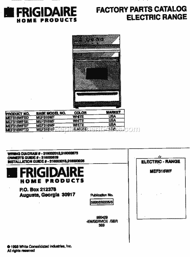 Frigidaire MEF316WFSE Freestanding, Electric Frigidaire/Elec Range Page C Diagram