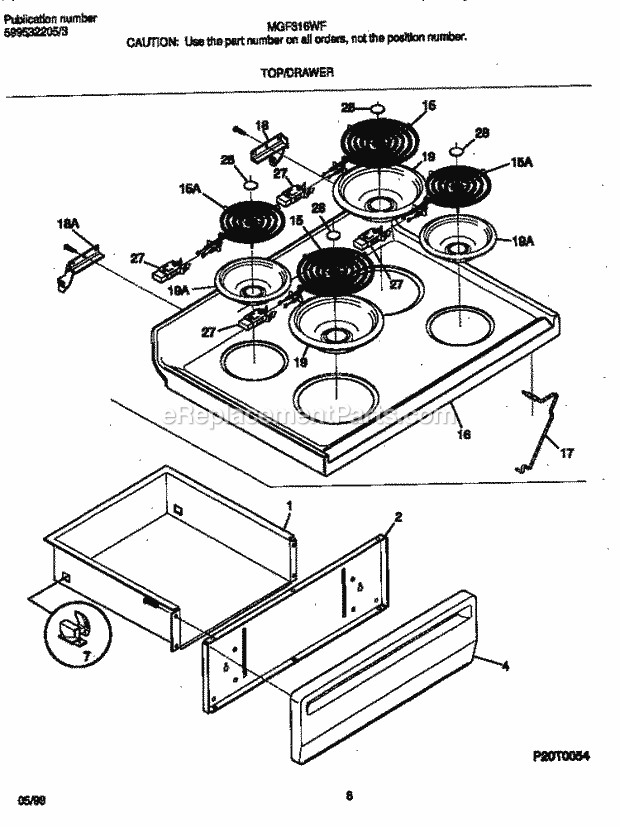 Frigidaire MEF316WFSE Freestanding, Electric Frigidaire/Elec Range Top / Drawer Diagram